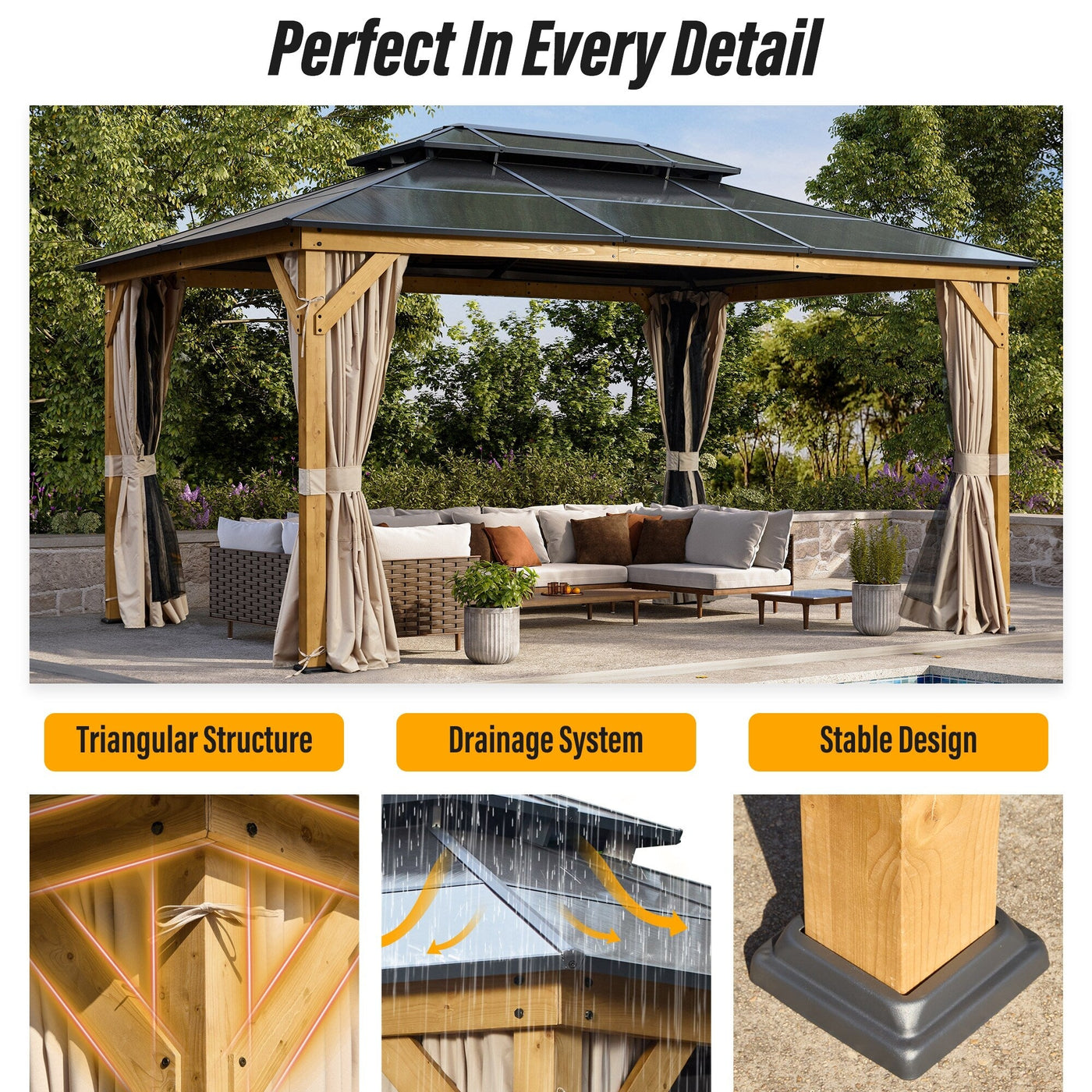 EROMMY Hardtop Gazebo,Outdoor Pergola with Double Roof & Netting & Curtains,Heavy Duty Canopy for Patio, Backyard, Pool party