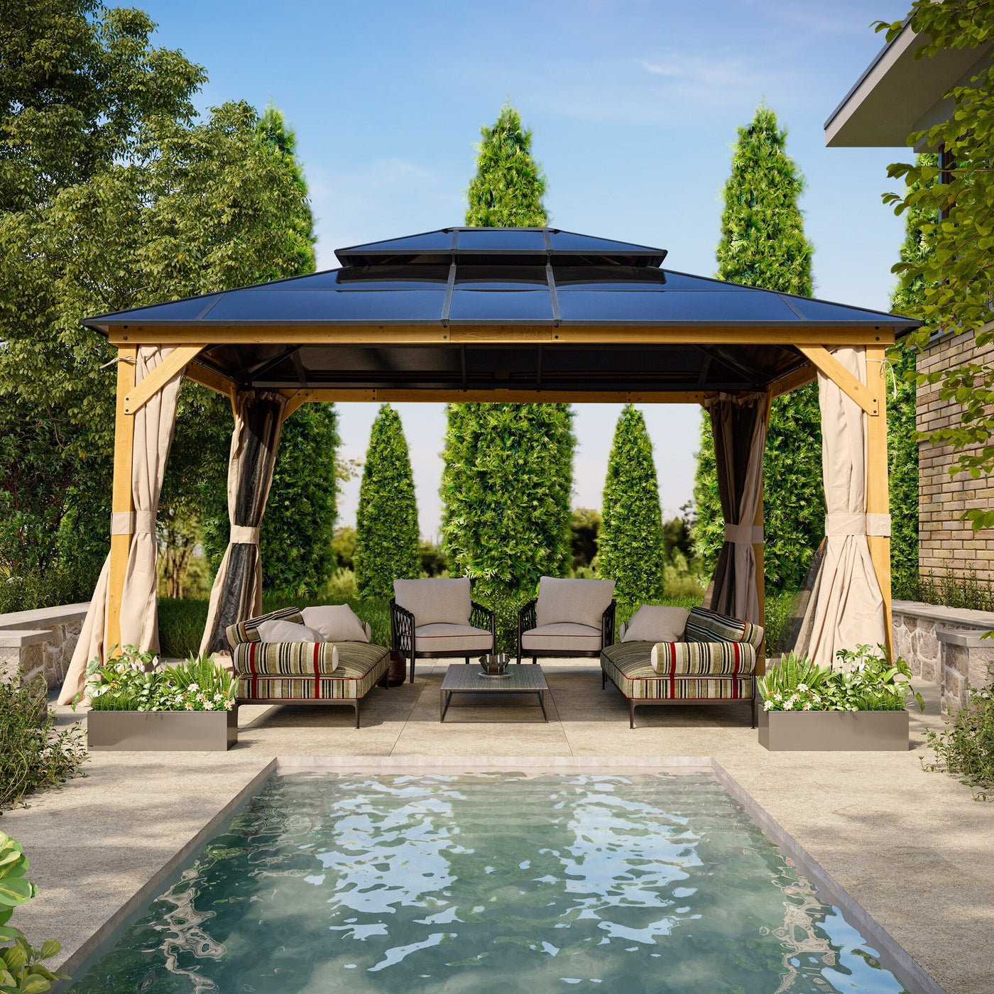 EROMMY Hardtop Gazebo,Outdoor Pergola with Double Roof & Netting & Curtains,Heavy Duty Canopy for Patio, Backyard, Pool party