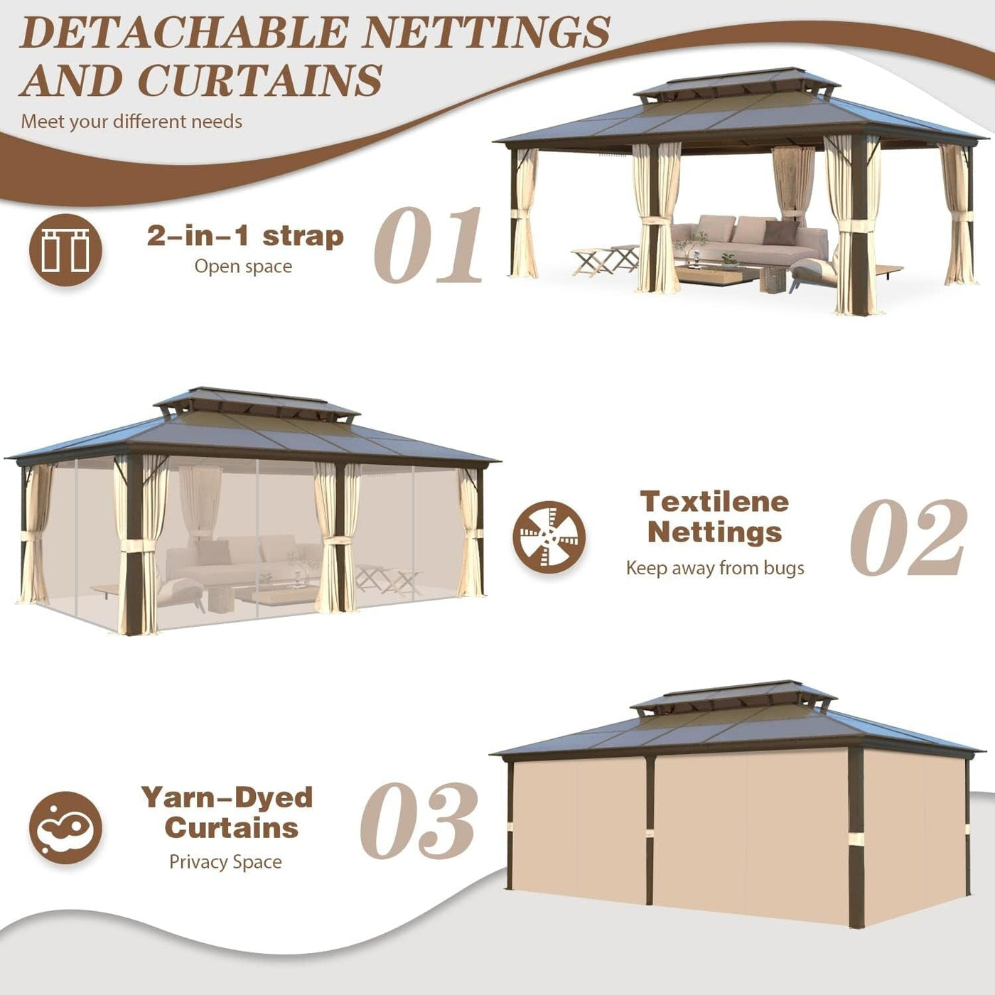Hardtop Gazebo for Backyard – Permanent Pergola with Netting, Curtains & Double Roof, All-Weather Outdoor Shelter