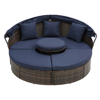 Outdoor Rattan Round Canopy Daybed with Lift Coffee Table, Navy Blue Deep Seating Sofa Bed with Pillows and Washable Cushions