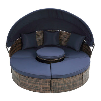 Outdoor Rattan Round Canopy Daybed with Lift Coffee Table, Navy Blue Deep Seating Sofa Bed with Pillows and Washable Cushions