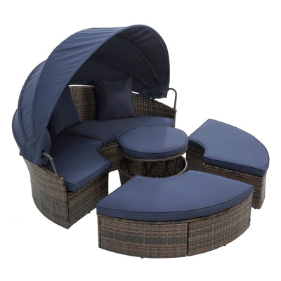 Outdoor Rattan Round Canopy Daybed with Lift Coffee Table, Navy Blue Deep Seating Sofa Bed with Pillows and Washable Cushions