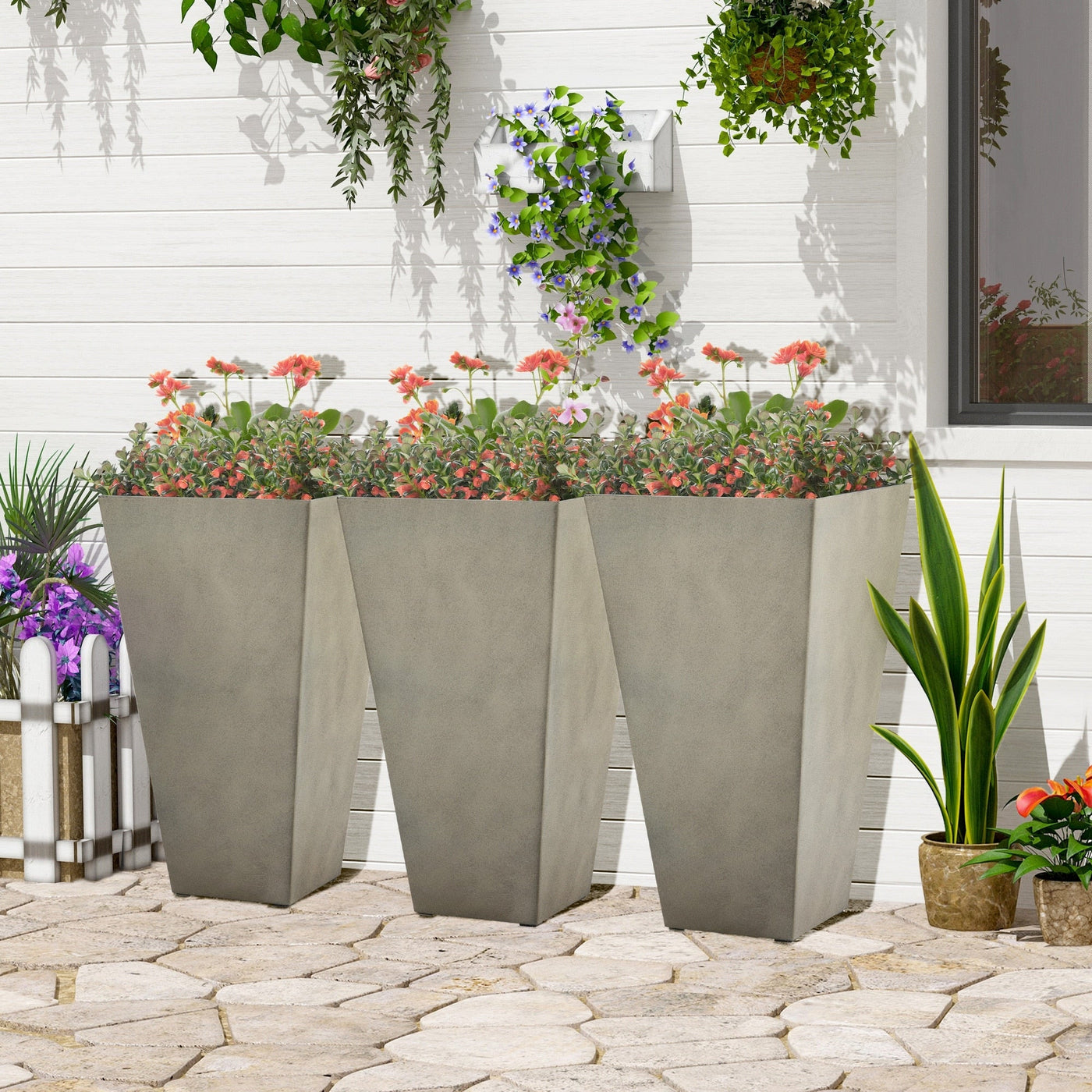 Outsunny 28 Tall Plastic Flower Pot, Set of 3, Large Outdoor & Indoor Plastic Garden Planters, for Entryway, Patio, Yard