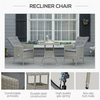 Outsunny 3 Pieces Patio PE Rattan Sofa Set, Outdoor Recliner Chairs Wood Grain plastic Top Coffee Table