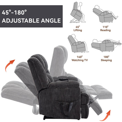 Oversized Chenille Power Lift Recliner Chair with Massage and Lumbar Heating, Infinite Position Reclining