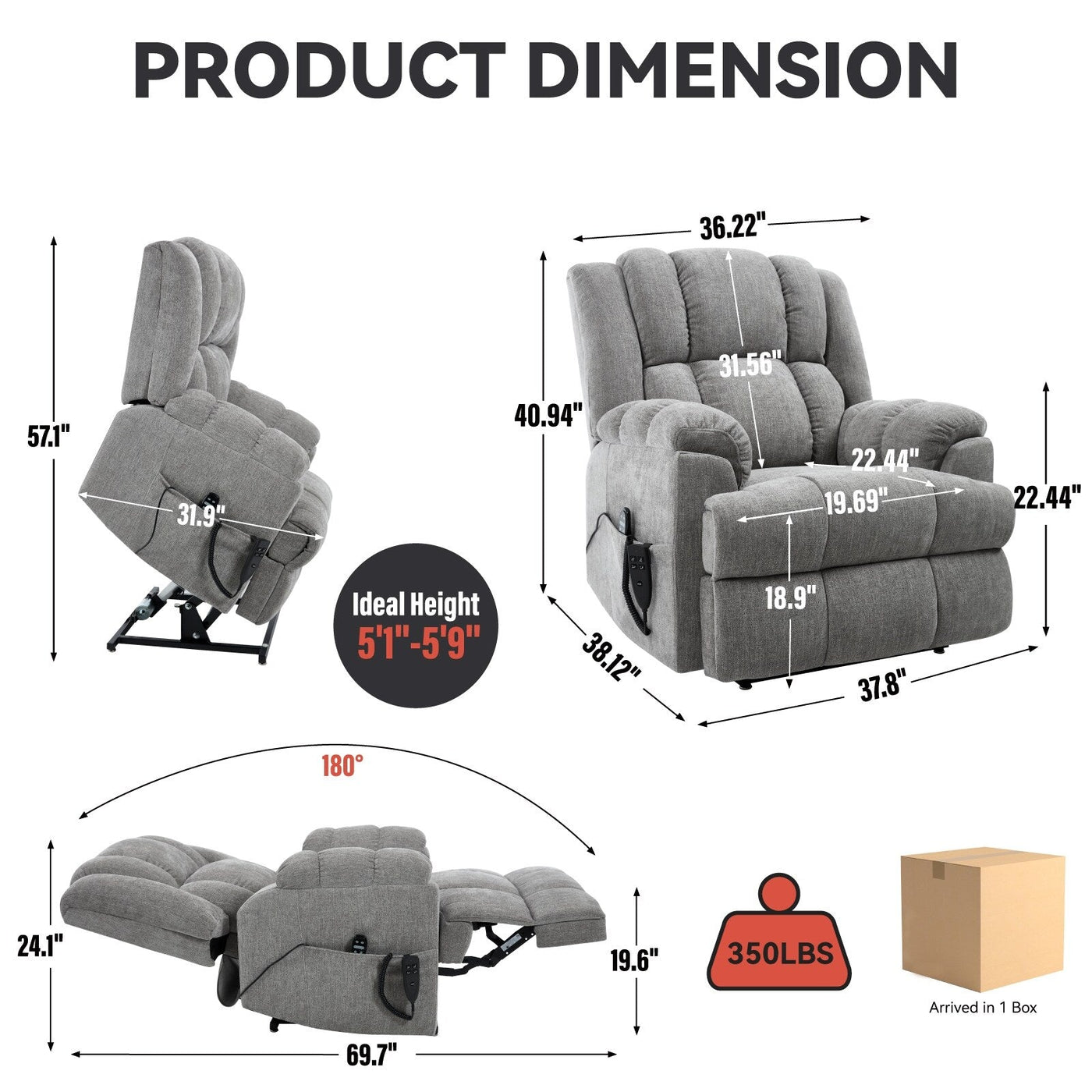Oversized Chenille Power Lift Recliner Chair with Massage and Lumbar Heating, Infinite Position Reclining
