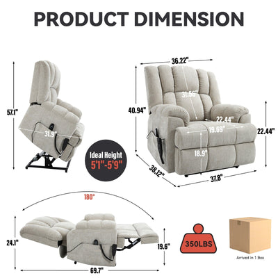 Oversized Chenille Power Lift Recliner Chair with Massage and Lumbar Heating, Infinite Position Reclining