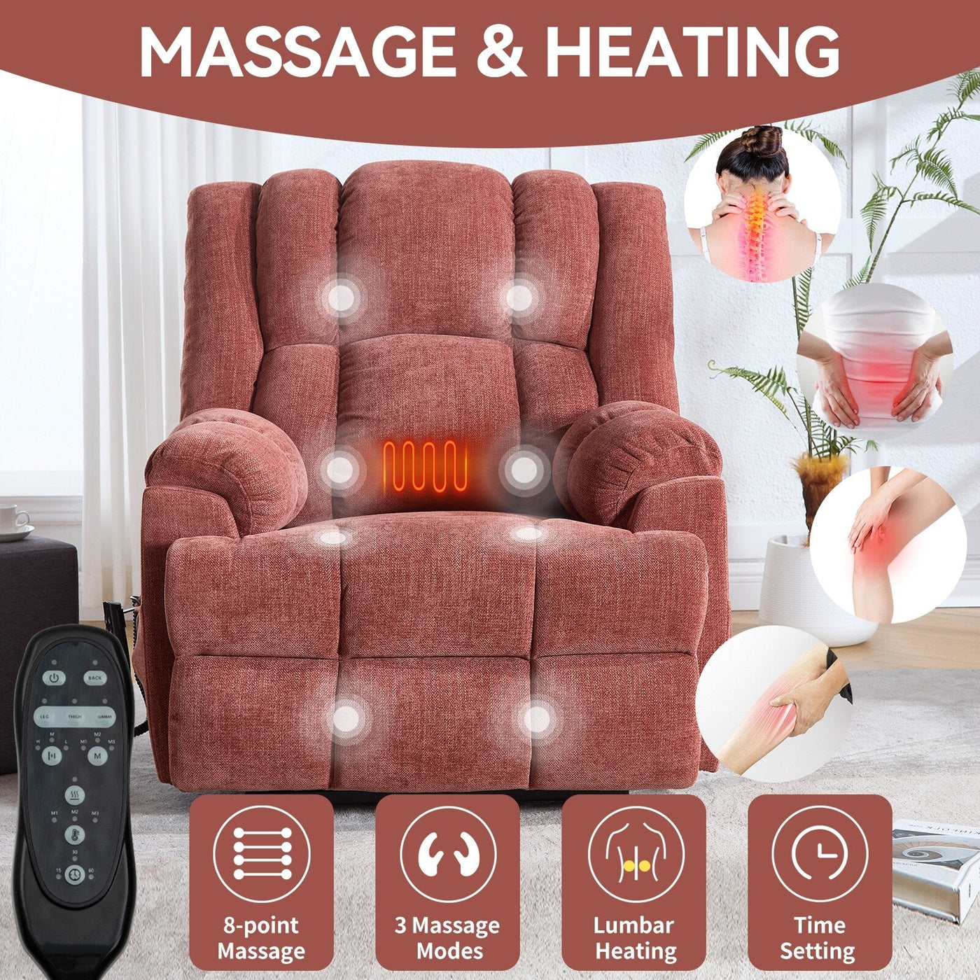 Oversized Chenille Power Lift Recliner Chair with Massage and Lumbar Heating, Infinite Position Reclining