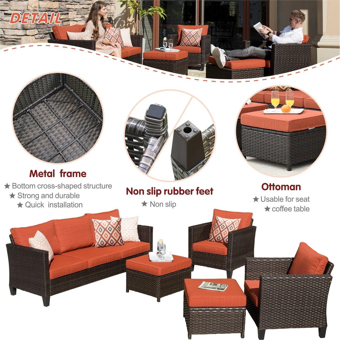 OVIOS 5-piece Patio Furniture Wicker Outdoor High-back Seating Set