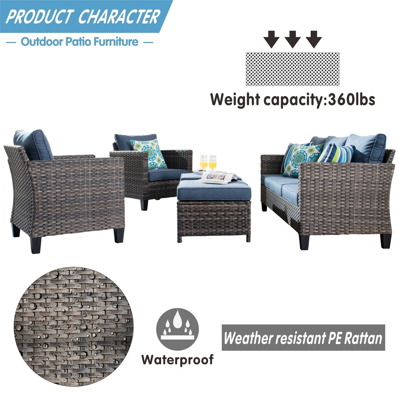 OVIOS 5-piece Patio Furniture Wicker Outdoor High-back Seating Set