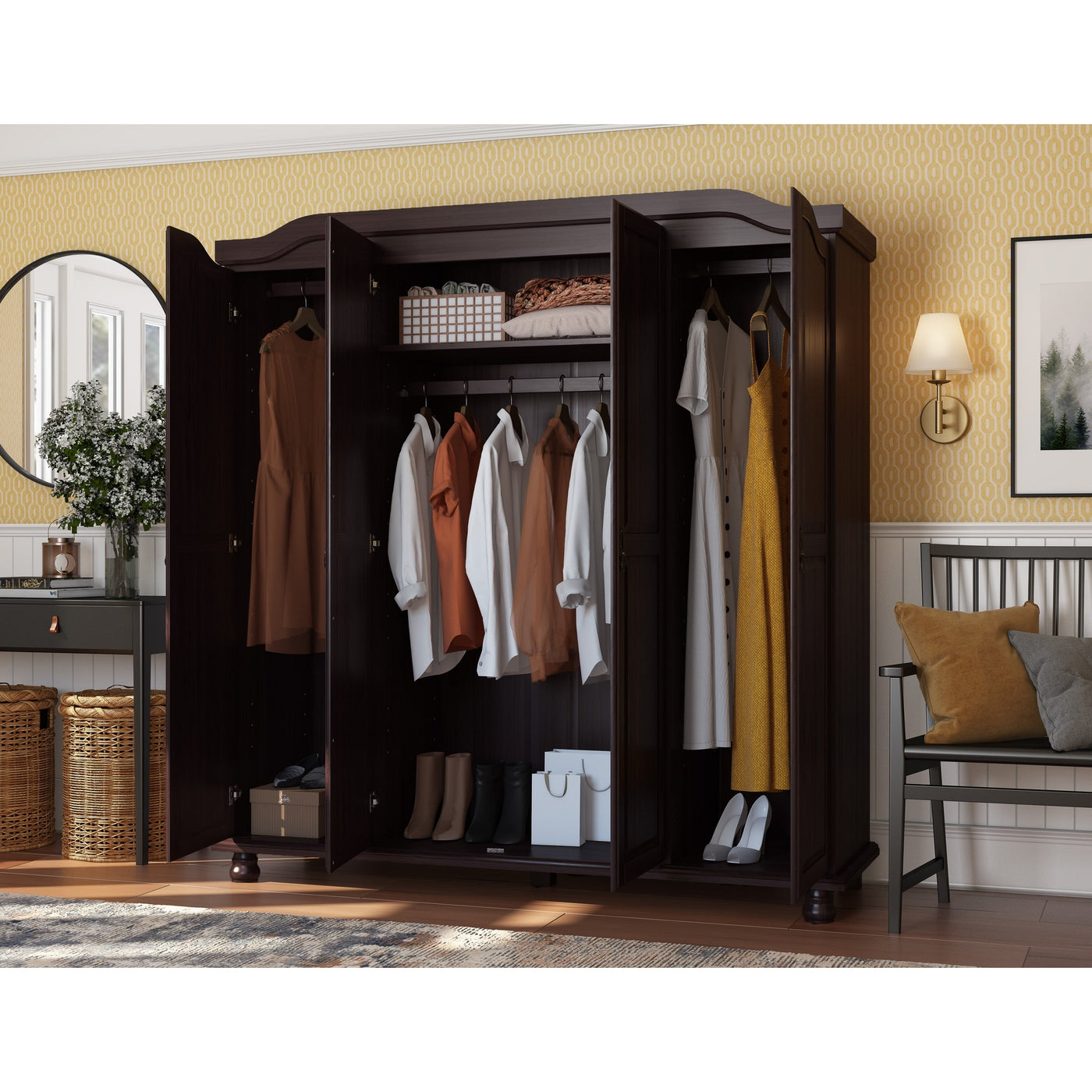 Palace Imports 100% Solid Wood Kyle 4-Door Wardrobe Armoire with Solid Wood or Mirrored Doors