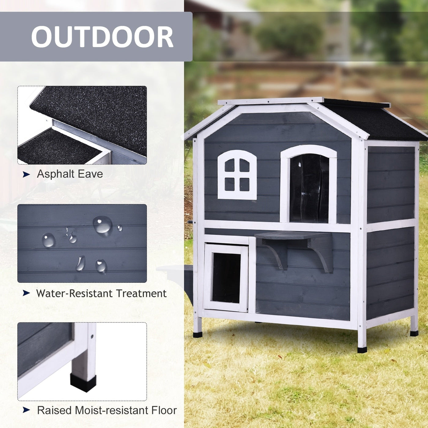 PawHut Fir Wood 2-Story Outdoor Cat House, Wooden Feral Cat Shelter with Openable Asphalt Roof for Indoor/Outdoor, White / Grey