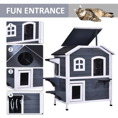 PawHut Fir Wood 2-Story Outdoor Cat House, Wooden Feral Cat Shelter with Openable Asphalt Roof for Indoor/Outdoor, White / Grey