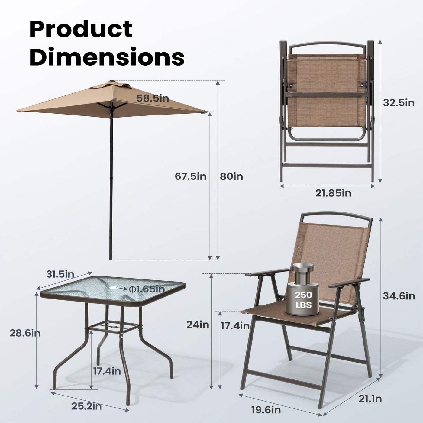 Pellebant 6 Piece Patio Set with Table, Umbrella and 4 Folding Chairs - 22.4Wx26.8Dx34.4H