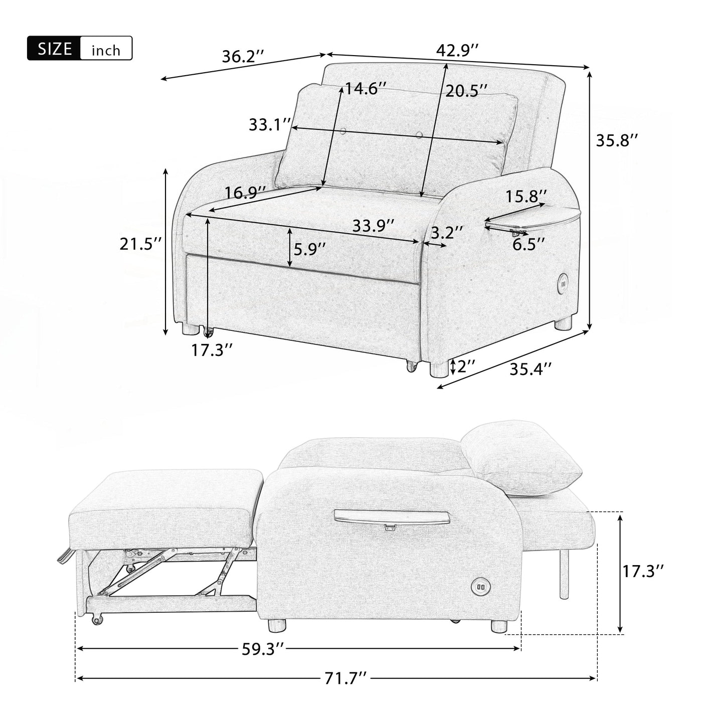 Pull Out Sofa Sleeper 3 in 1 with 2 Wing Table