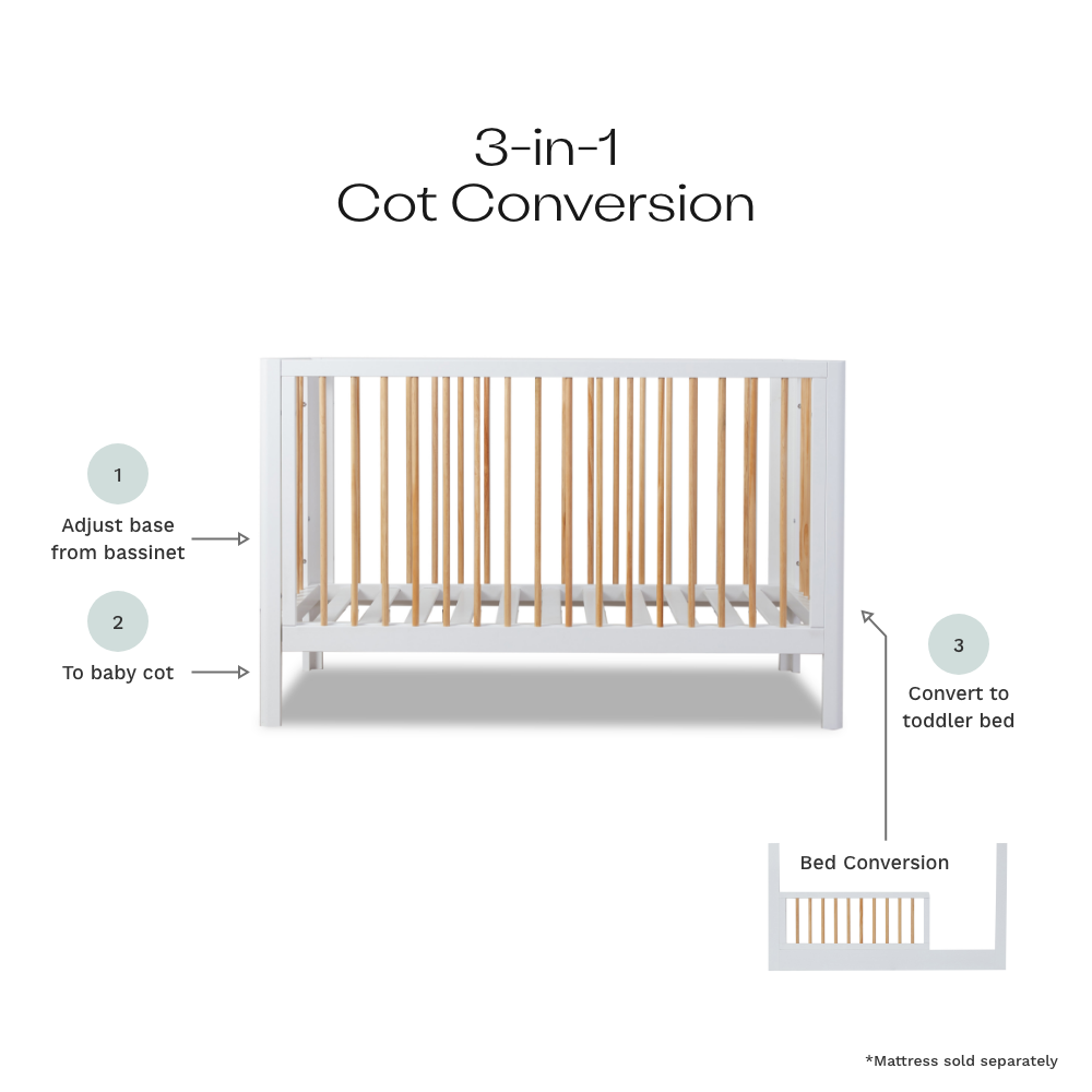Fraser White/Natural Coastal  3-in-1 Conversion Cot Bundle