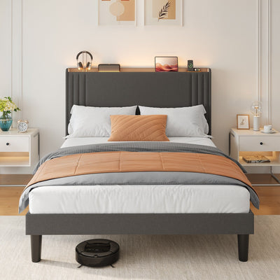 Queen/ Full Vertical Channels Upholstered Bed with Wingback Headboard