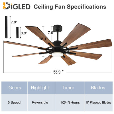 Remote Ceiling fan with Lights Large 8 Wooden Blades