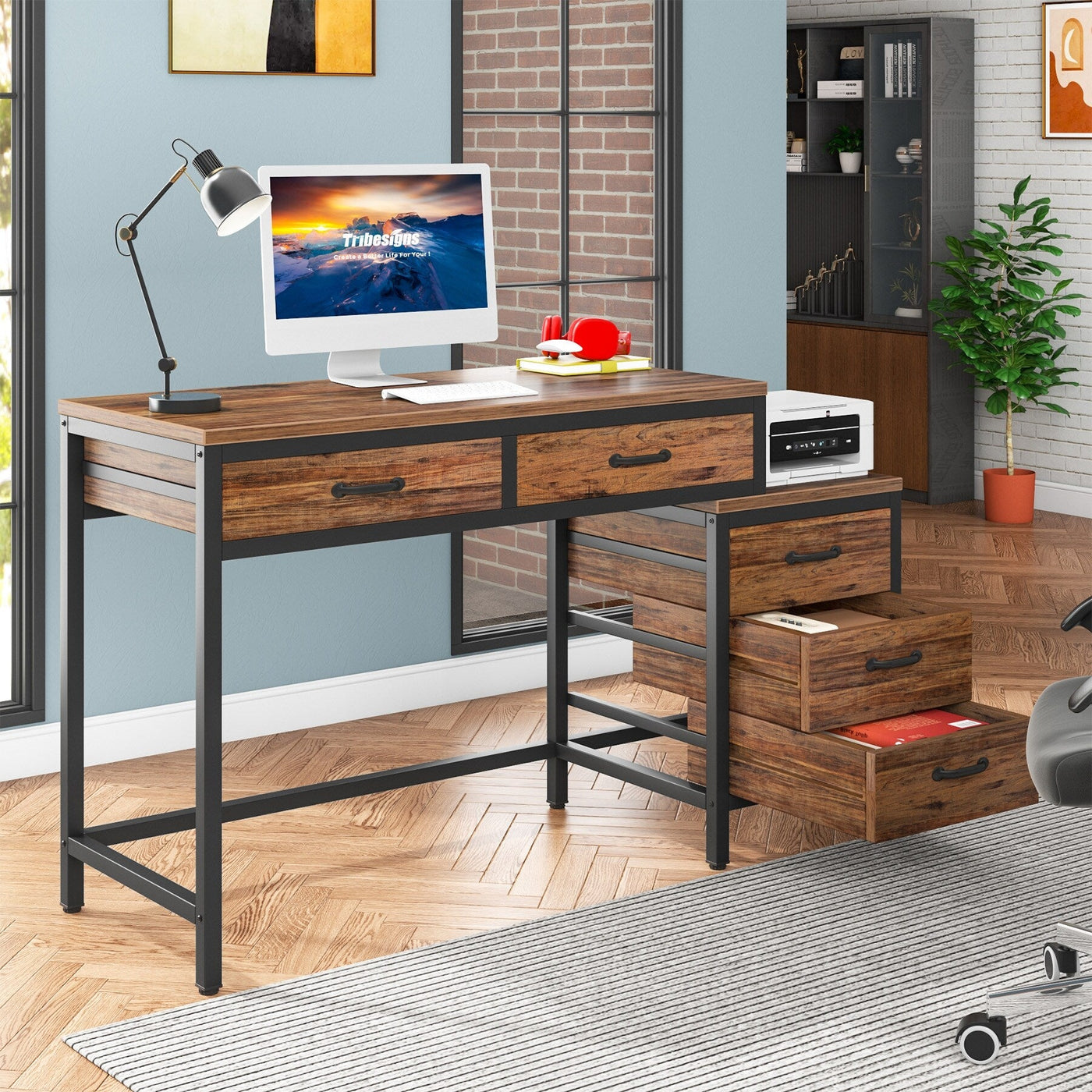 Reversible Computer Desk with 5 Drawers, Home Office Desk with File Cabinet Drawer Printer Stand