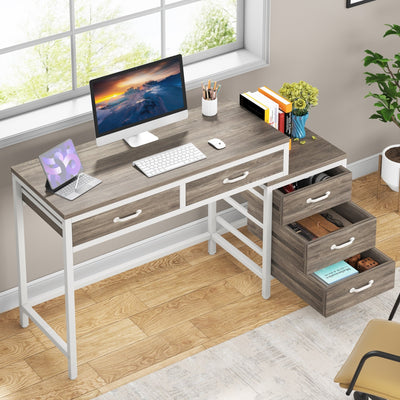 Reversible Computer Desk with 5 Drawers, Home Office Desk with File Cabinet Drawer Printer Stand