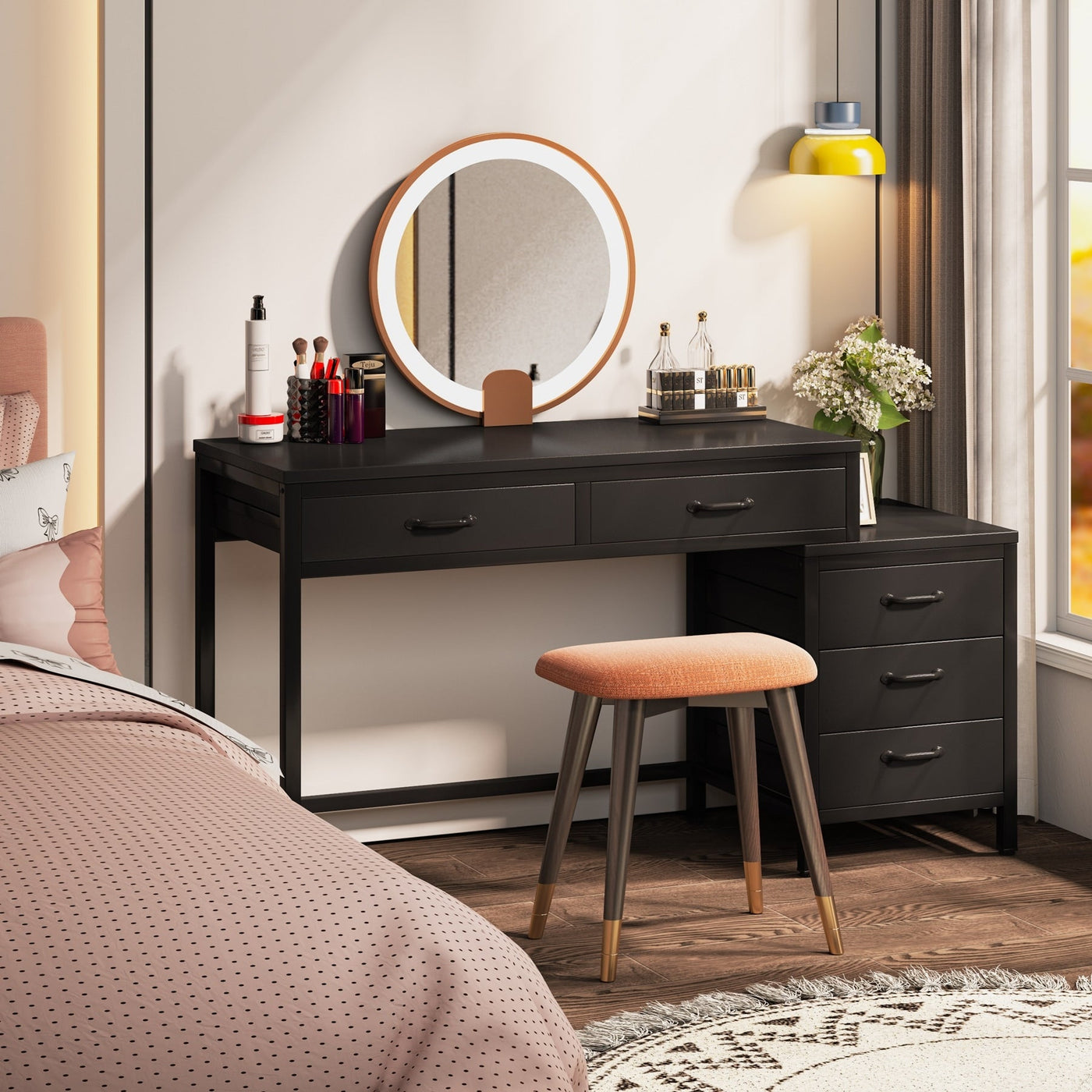 Reversible Computer Desk with 5 Drawers, Home Office Desk with File Cabinet Drawer Printer Stand