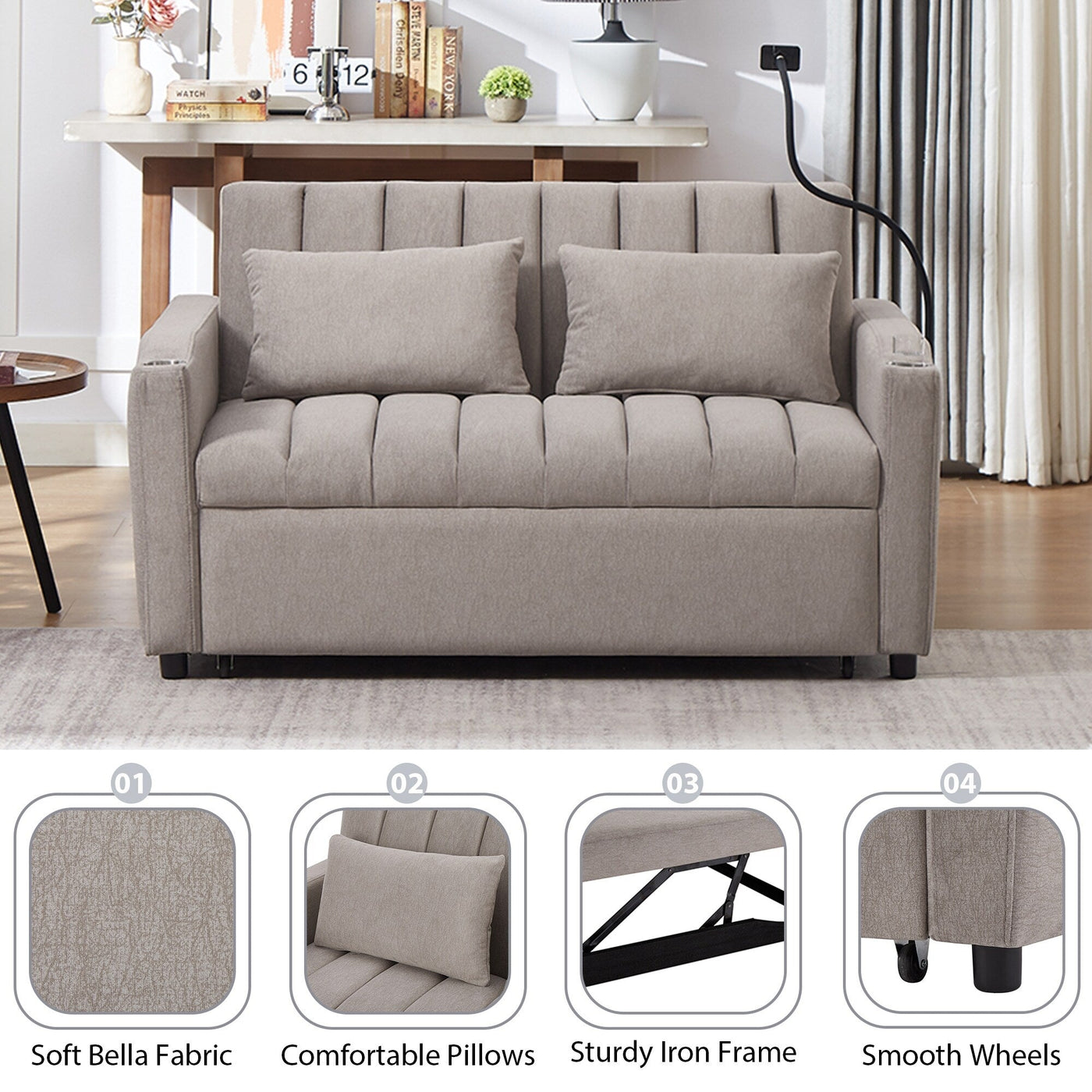 Roomfitters Convertible Loveseat Sofa Bed with USB Ports, Side Pockets, Cup Holders, and Swivel Phone Holder for Living Room