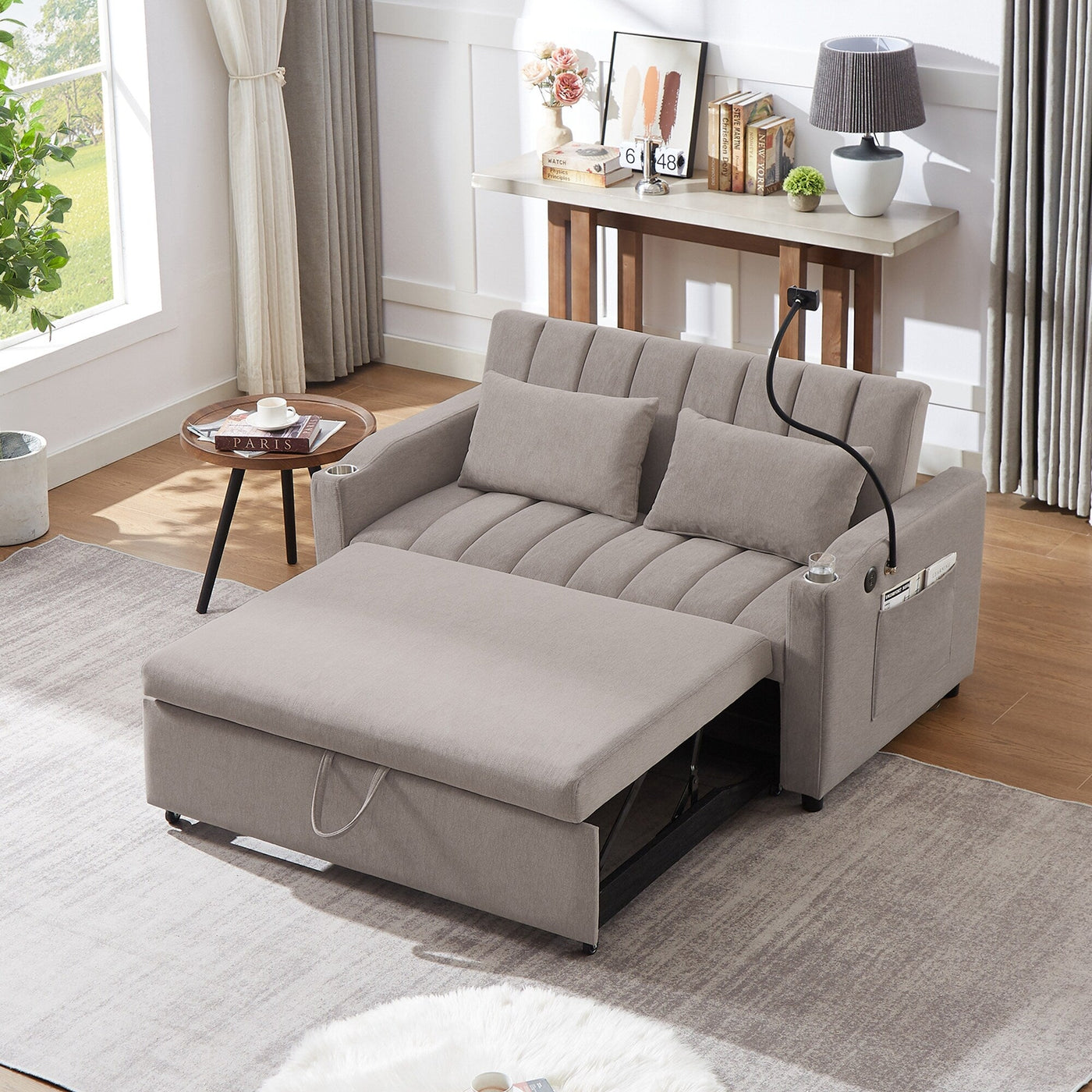 Roomfitters Convertible Loveseat Sofa Bed with USB Ports, Side Pockets, Cup Holders, and Swivel Phone Holder for Living Room