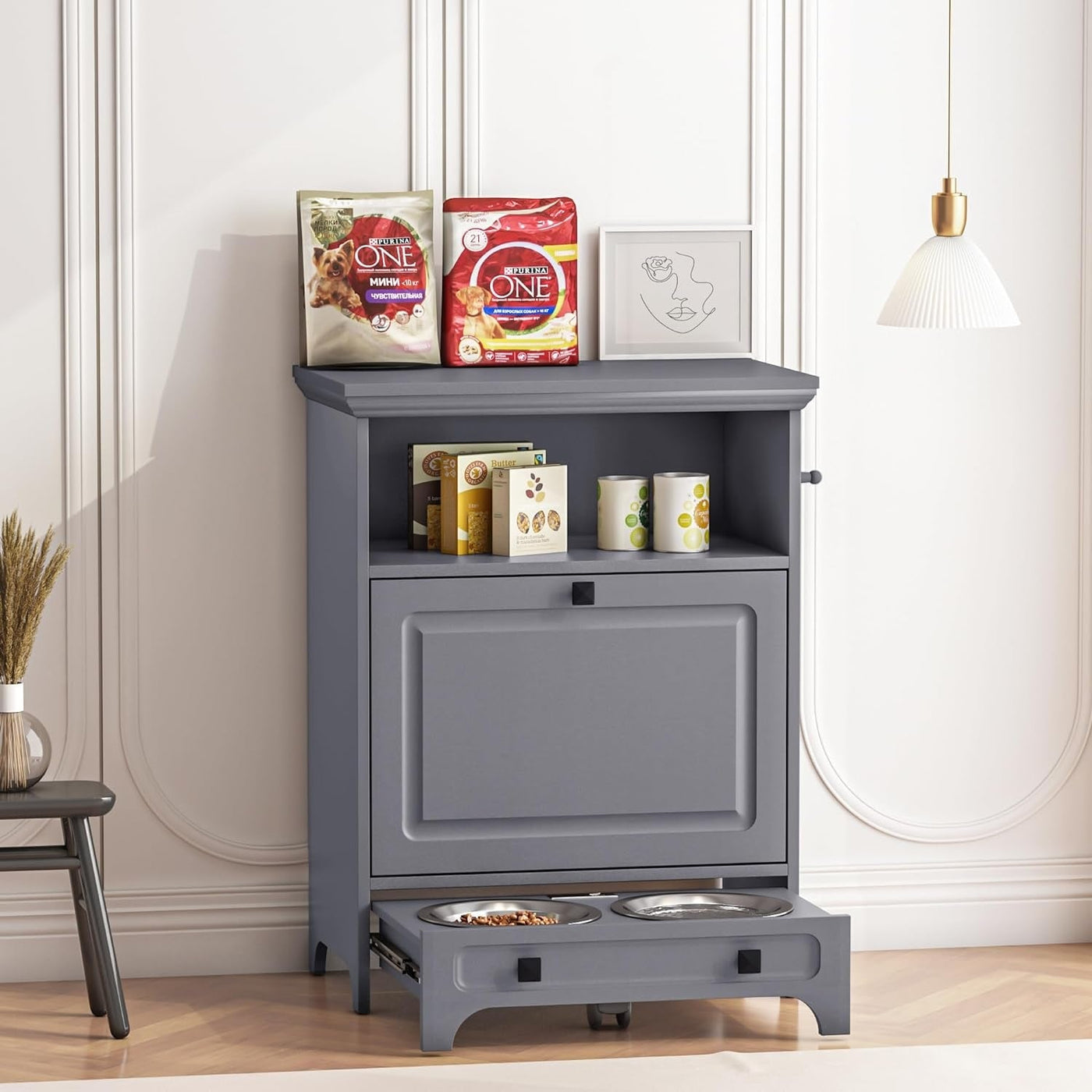 Roomfitters Dog Feeding Station with 2 Elevated Dog Bowls, Tilt Out Pet Feeding Cabinet Station