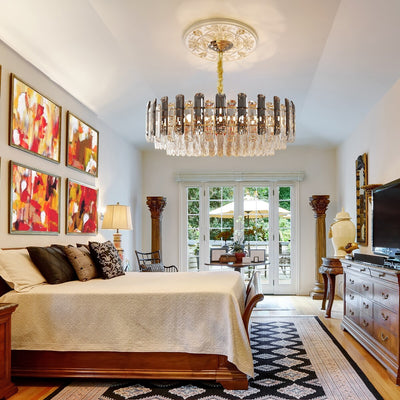 Round Layer Shining Crystal Ceiling Chandelier Lamp with 3 Color Lighting Pendant Light Fixture