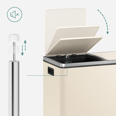 SONGMICS Dual Trash Can, 16 Gallon Stainless Steel Garbage Can, Almond