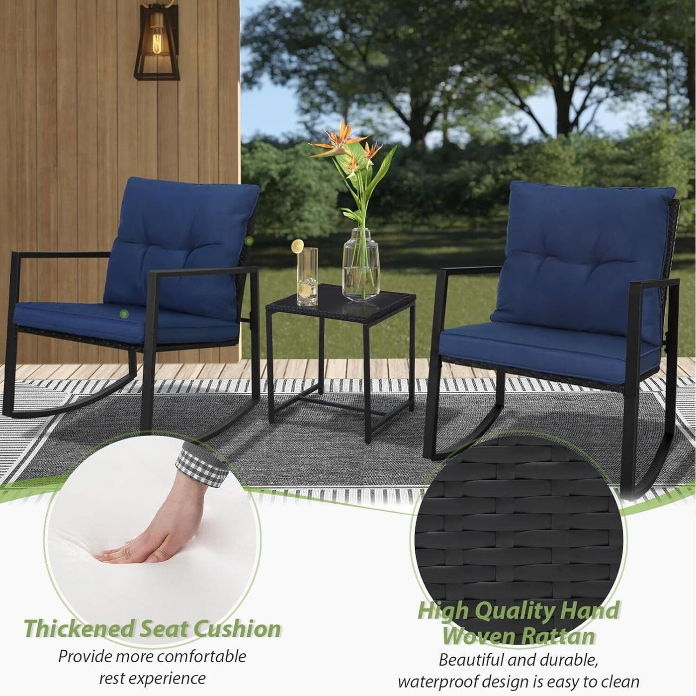 SUNCROWN 3-Piece Black Metal Outdoor Patio Rocking Bistro Set