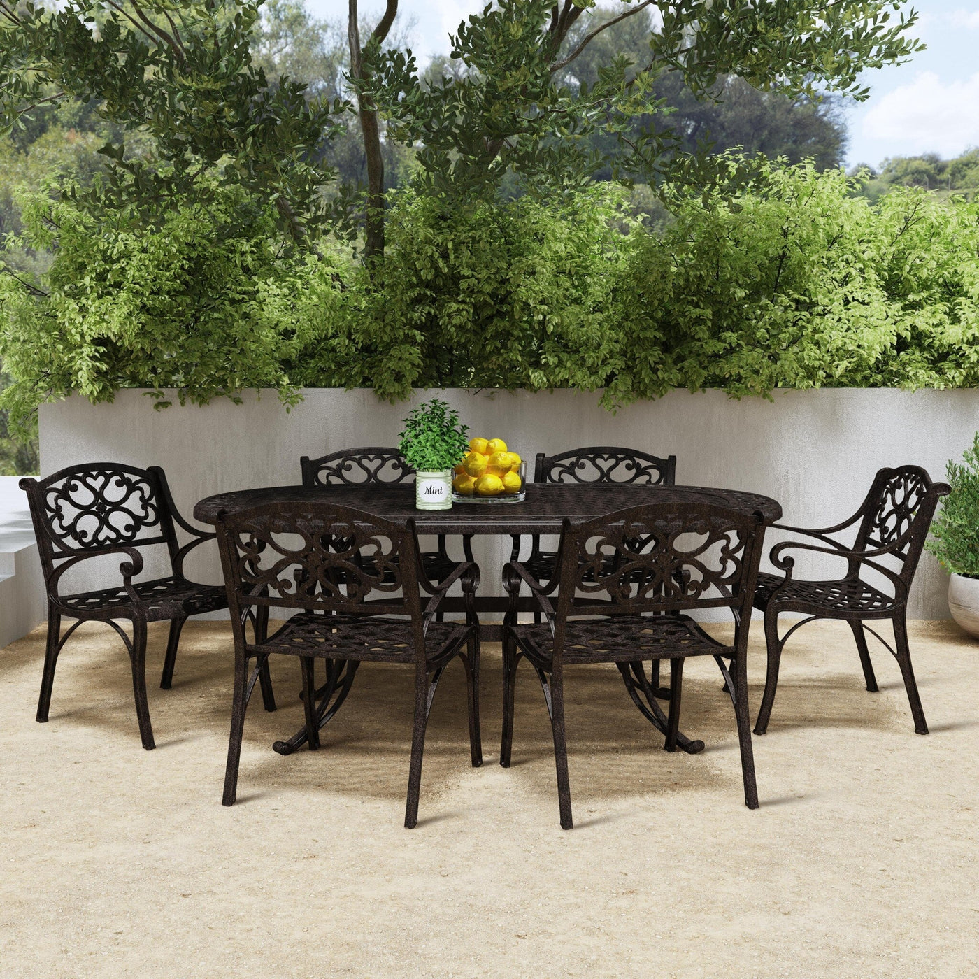 Sanibel Bronze Aluminum 7- Piece Outdoor Dining Set with 72 Oval Dining Table and Six Armchairs by Homestyles