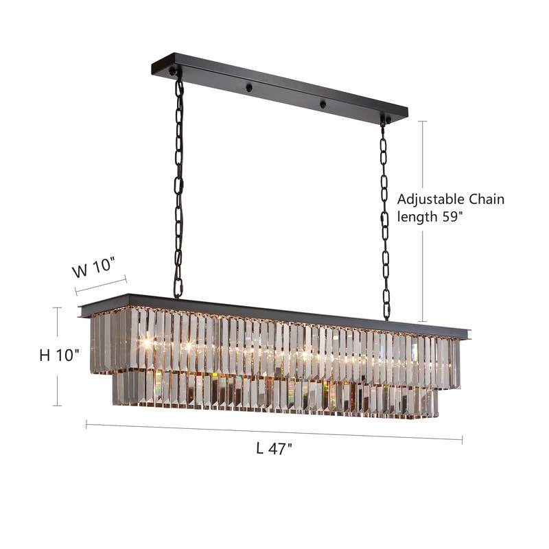 47 in. Smoked Gray and Black Modern Contemporary Crystal Chandelier 2-Tier Linear Kitchen Island Pendant Light for Dining Room