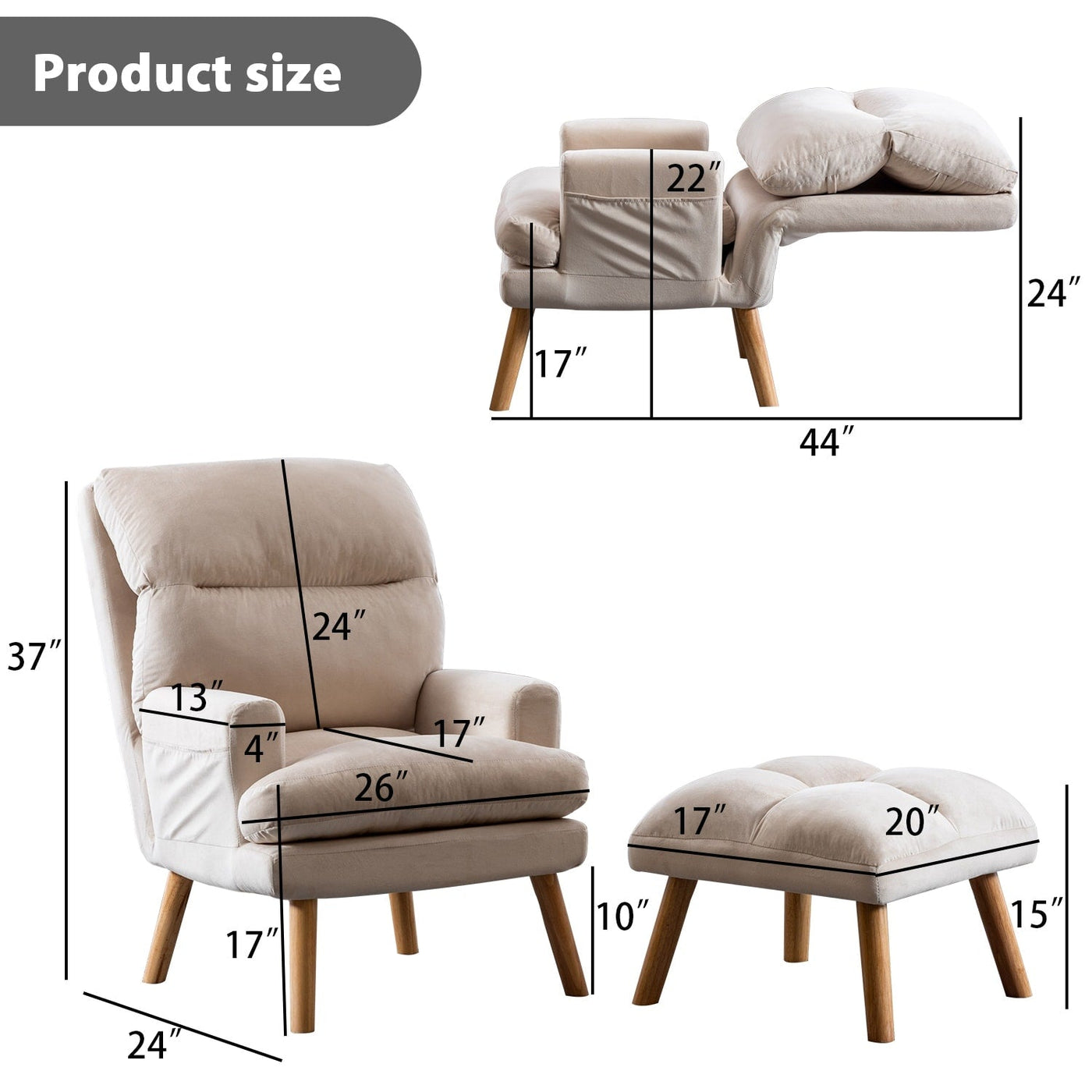 Soft Fabric Casual Living Room Armchair With Adjustable Backrest And Legs Stool