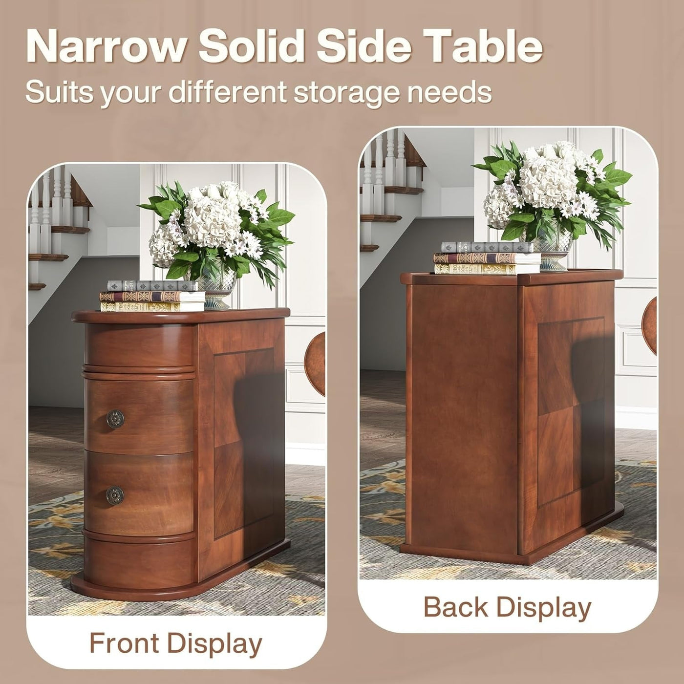 Solid Wood Chairside End Table, Two-Drawer Narrow Side Table Slim