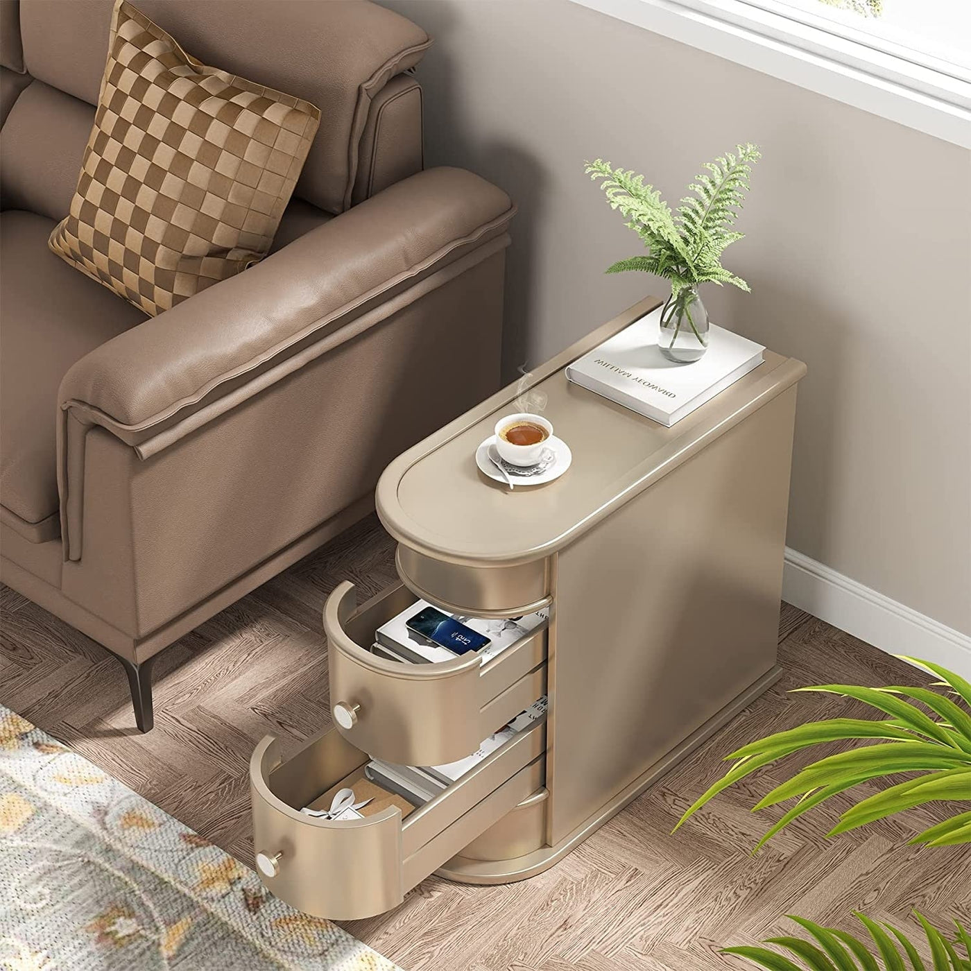 Solid Wood Chairside End Table, Two-Drawer Narrow Side Table Slim