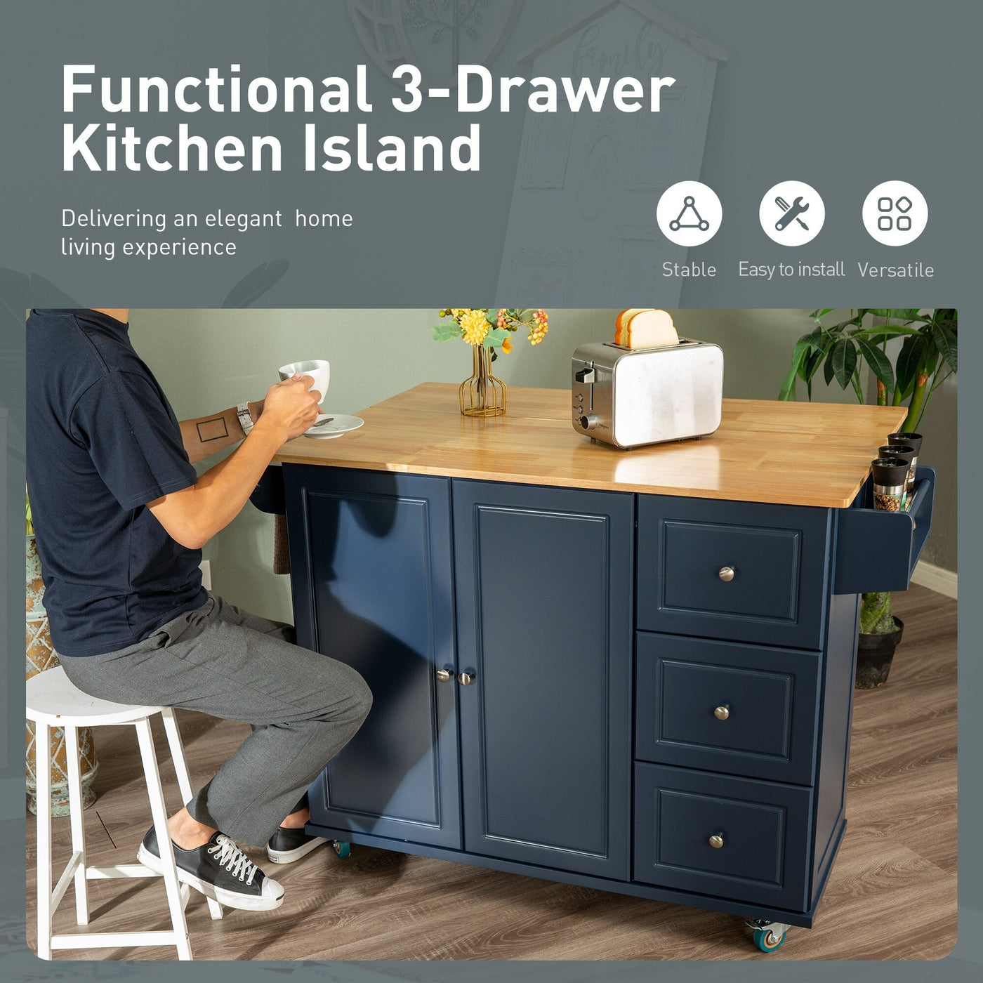 Sophia & William Kitchen Island Cart with Drop-Leaf and Rubber Wood Top, Rolling Kitchen Trolley Cart with Large Storage Cabinet