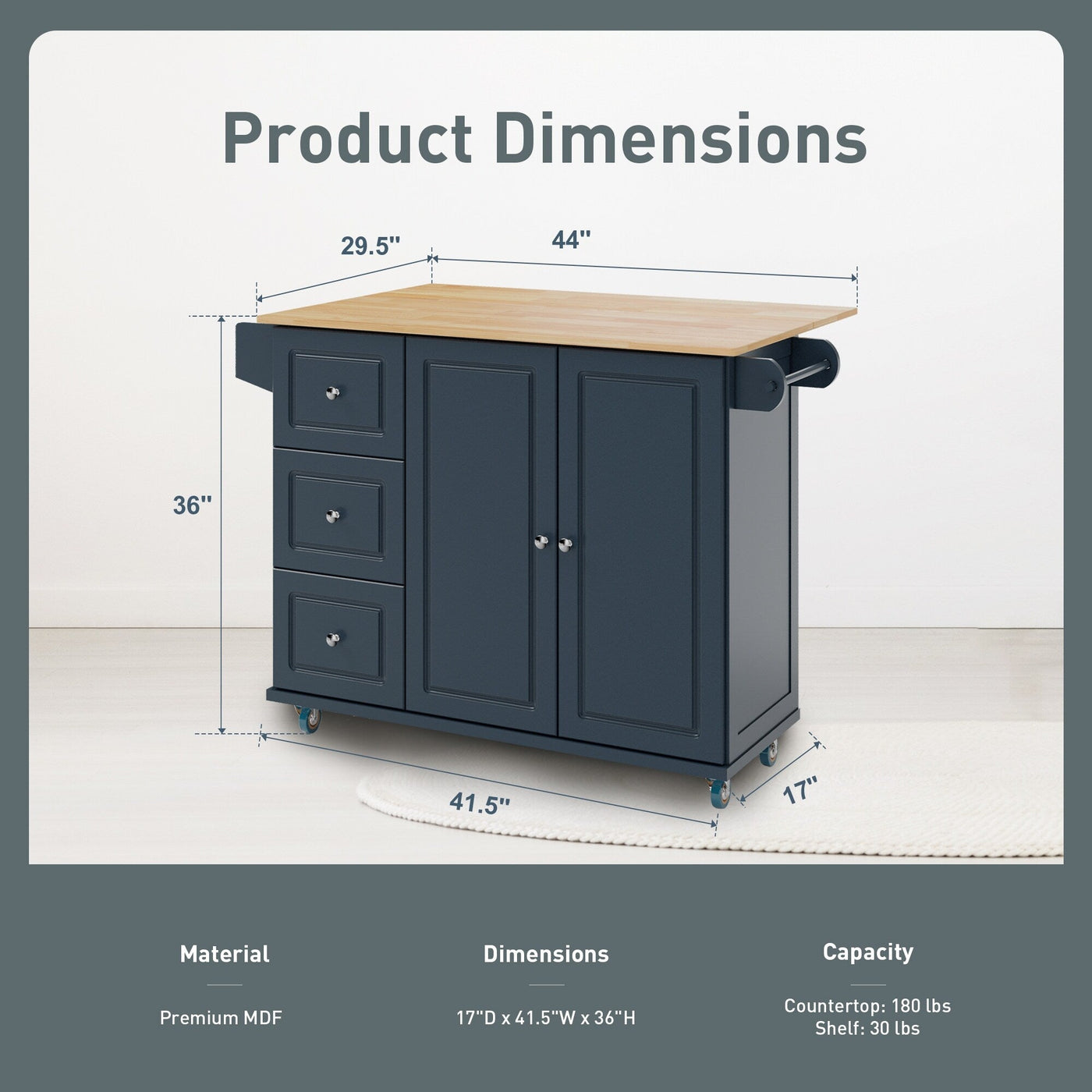 Sophia & William Kitchen Island Cart with Drop-Leaf and Rubber Wood Top, Rolling Kitchen Trolley Cart with Large Storage Cabinet