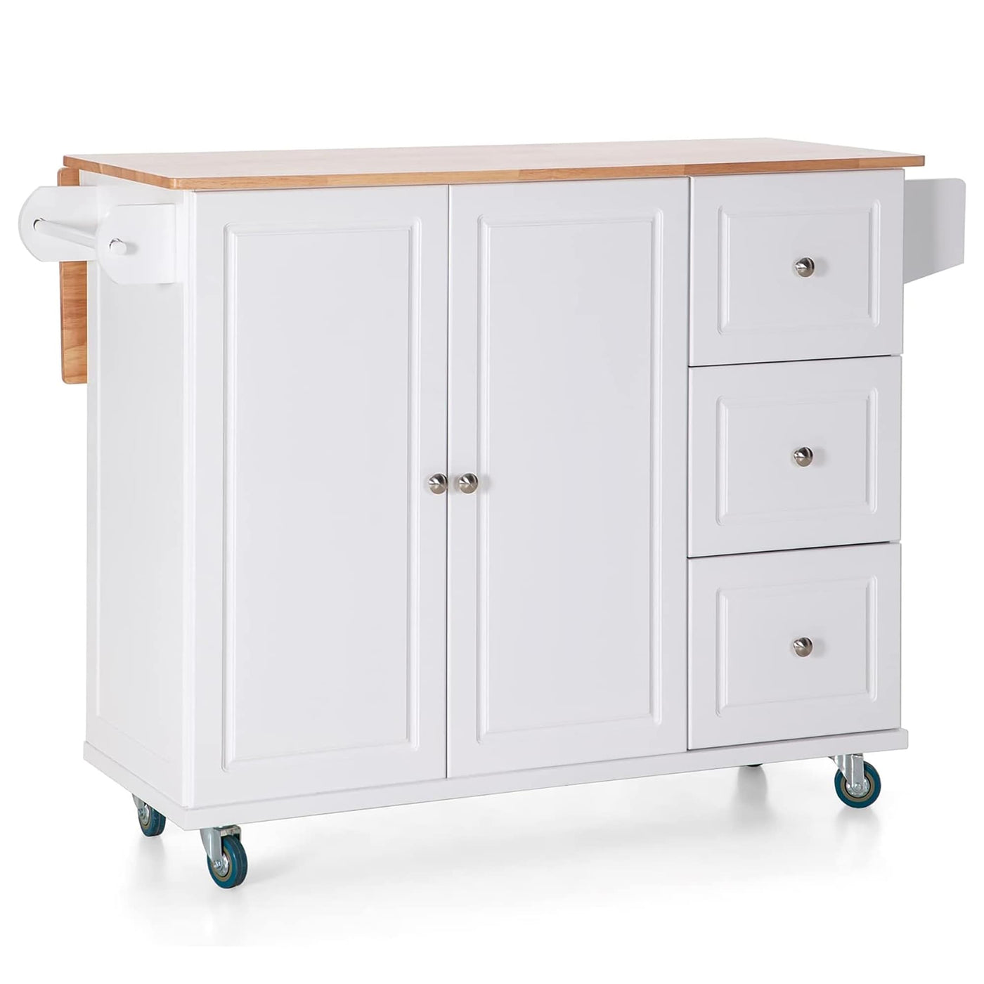 Sophia & William Kitchen Island Cart with Drop-Leaf and Rubber Wood Top, Rolling Kitchen Trolley Cart with Large Storage Cabinet