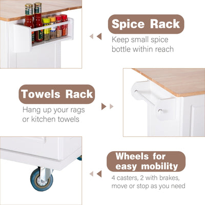 Sophia & William Kitchen Island Cart with Drop-Leaf and Rubber Wood Top, Rolling Kitchen Trolley Cart with Large Storage Cabinet