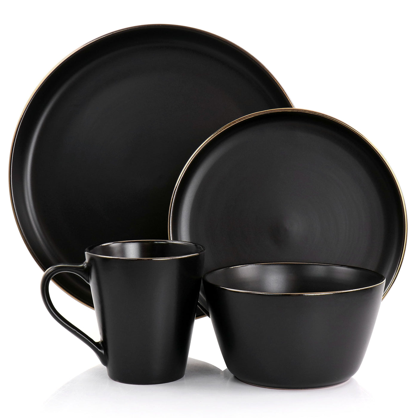 Stoneware Dinnerware 16 Piece Set in Black with Gold Rim