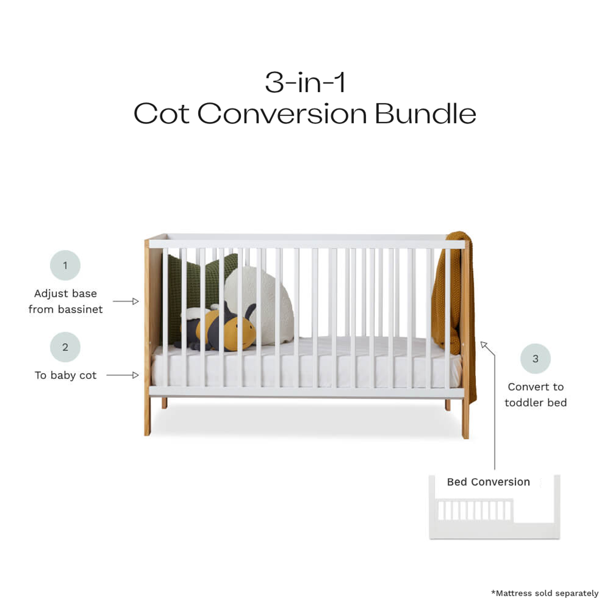 Aspiring White/Natural 3-in-1 Cot White Conversion Bundle