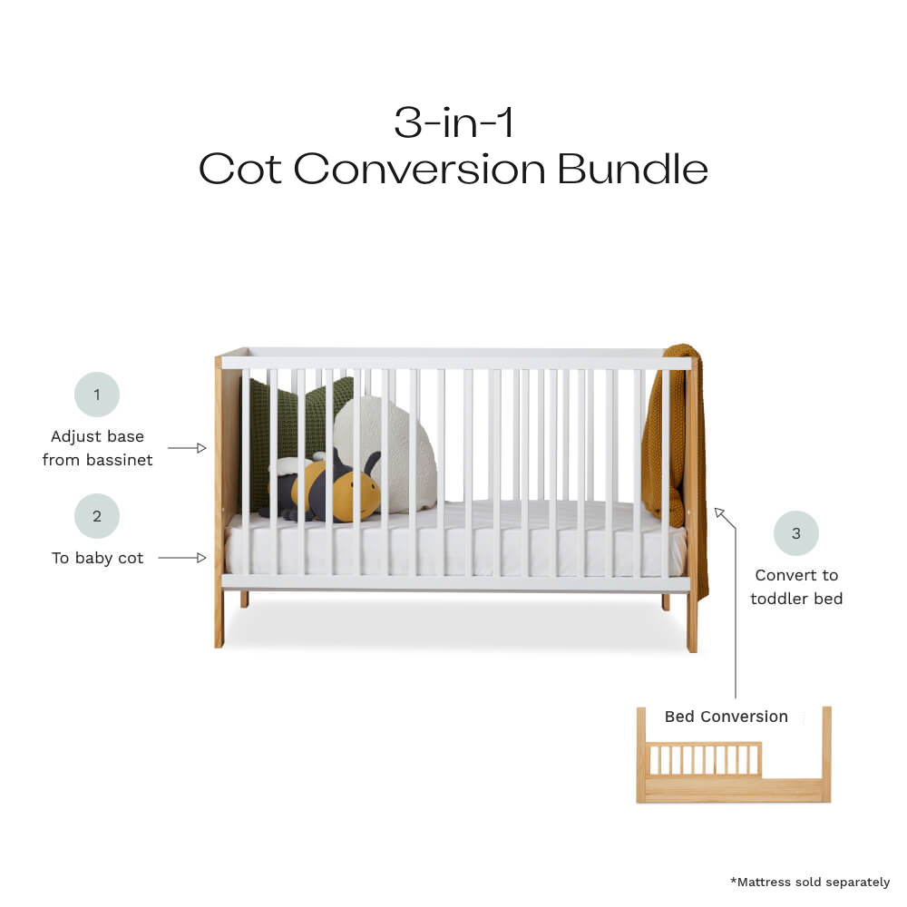 Aspiring White/Natural 3-in-1 Cot Natural Conversion Bundle