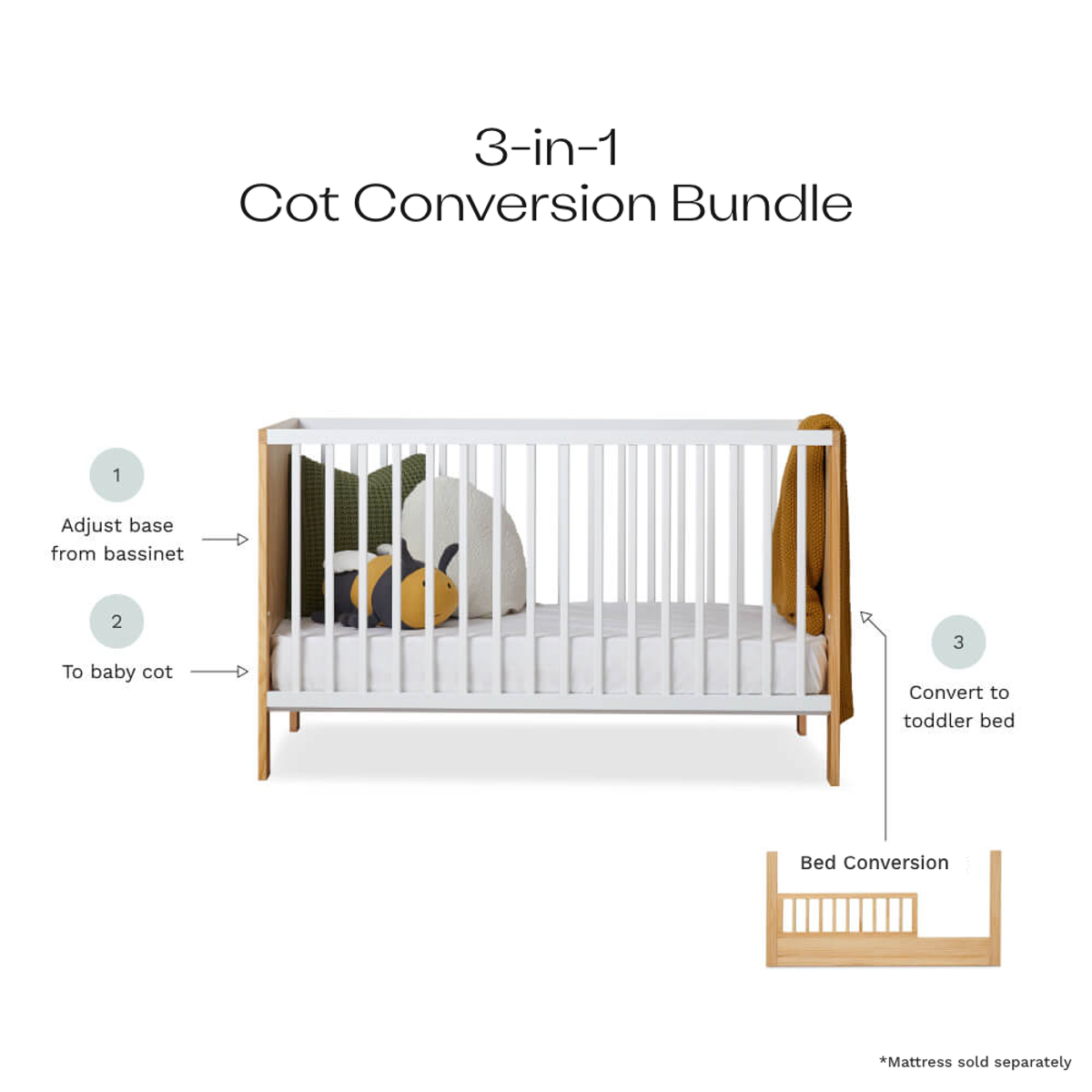 Aspiring White/Natural 3-in-1 Cot Natural Conversion Bundle