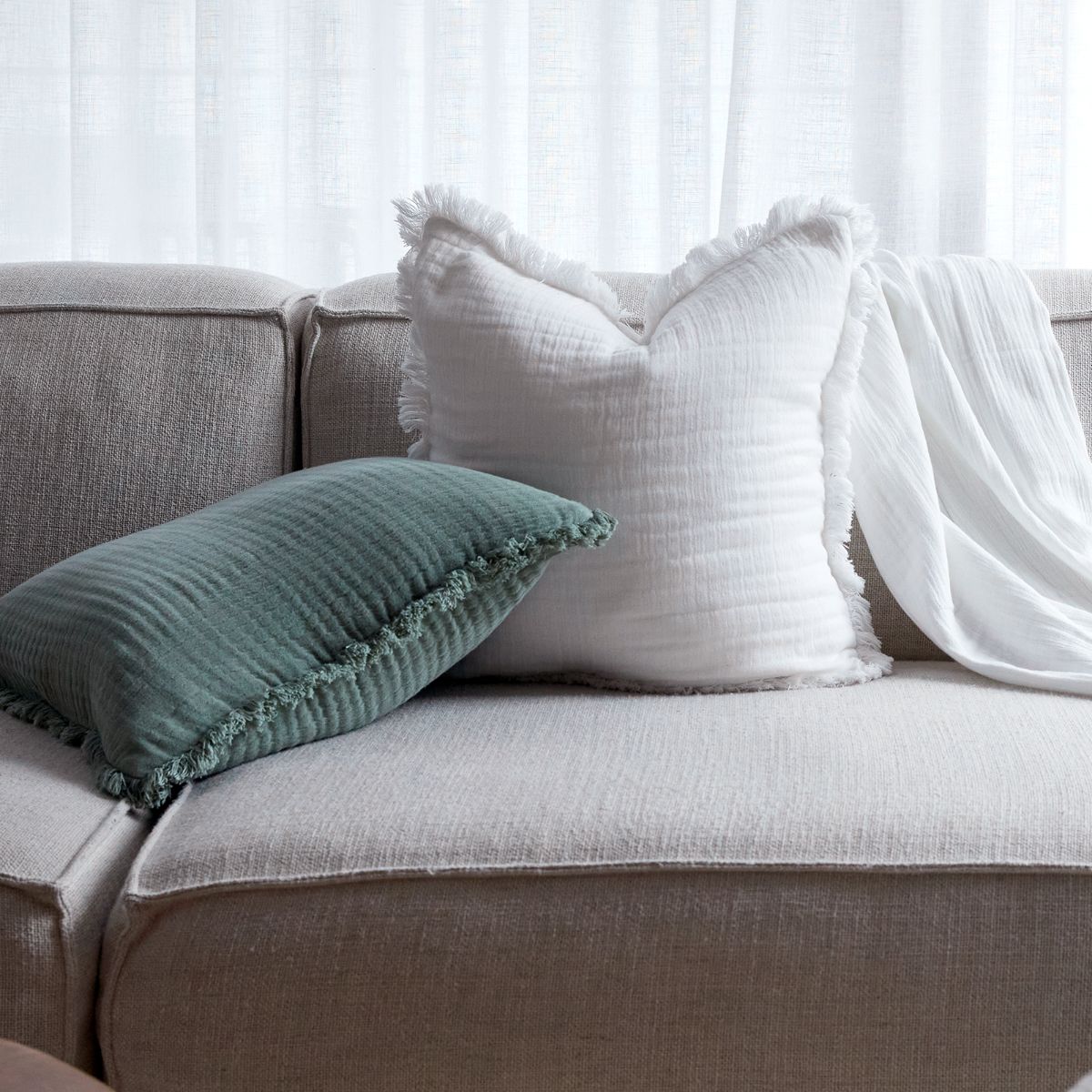 Molly Fringed Cotton Throw Cushion - Ivory