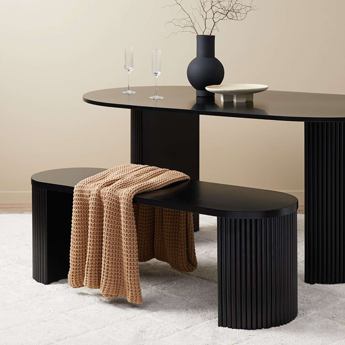 Eve Black Table Bench Seat and Avila Six Piece Dining Set