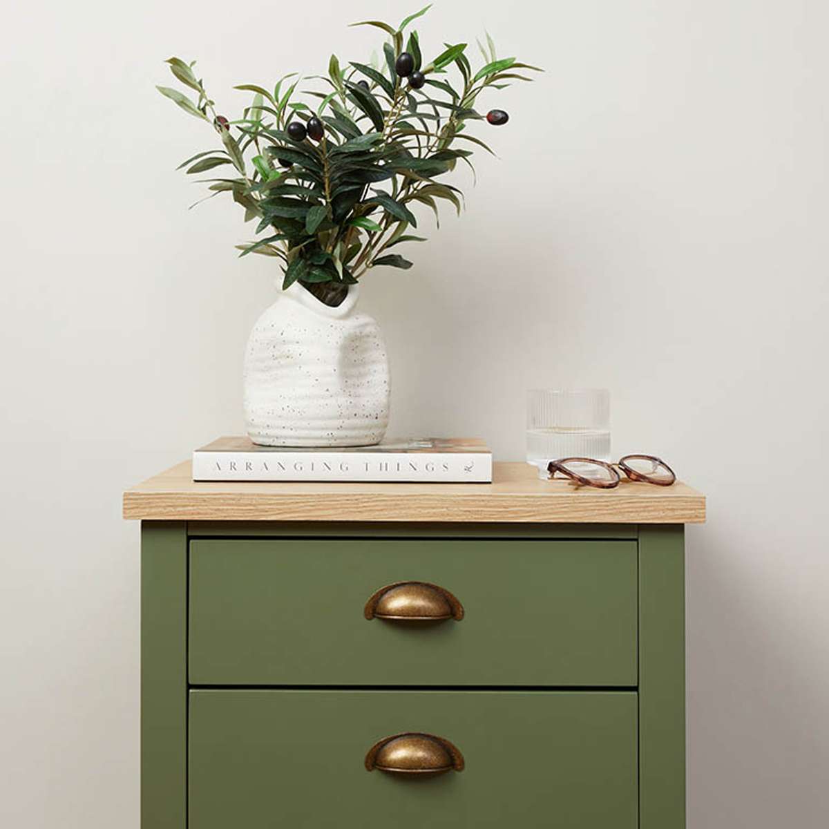 Hastings Three Drawer Bedside Table - Olive Green/Natural
