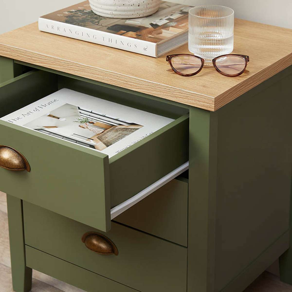 Hastings Three Drawer Bedside Table - Olive Green/Natural