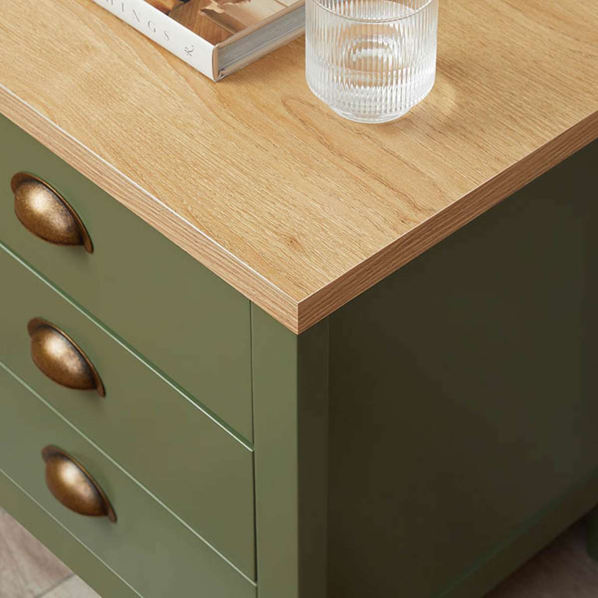 Hastings Three Drawer Bedside Table - Olive Green/Natural