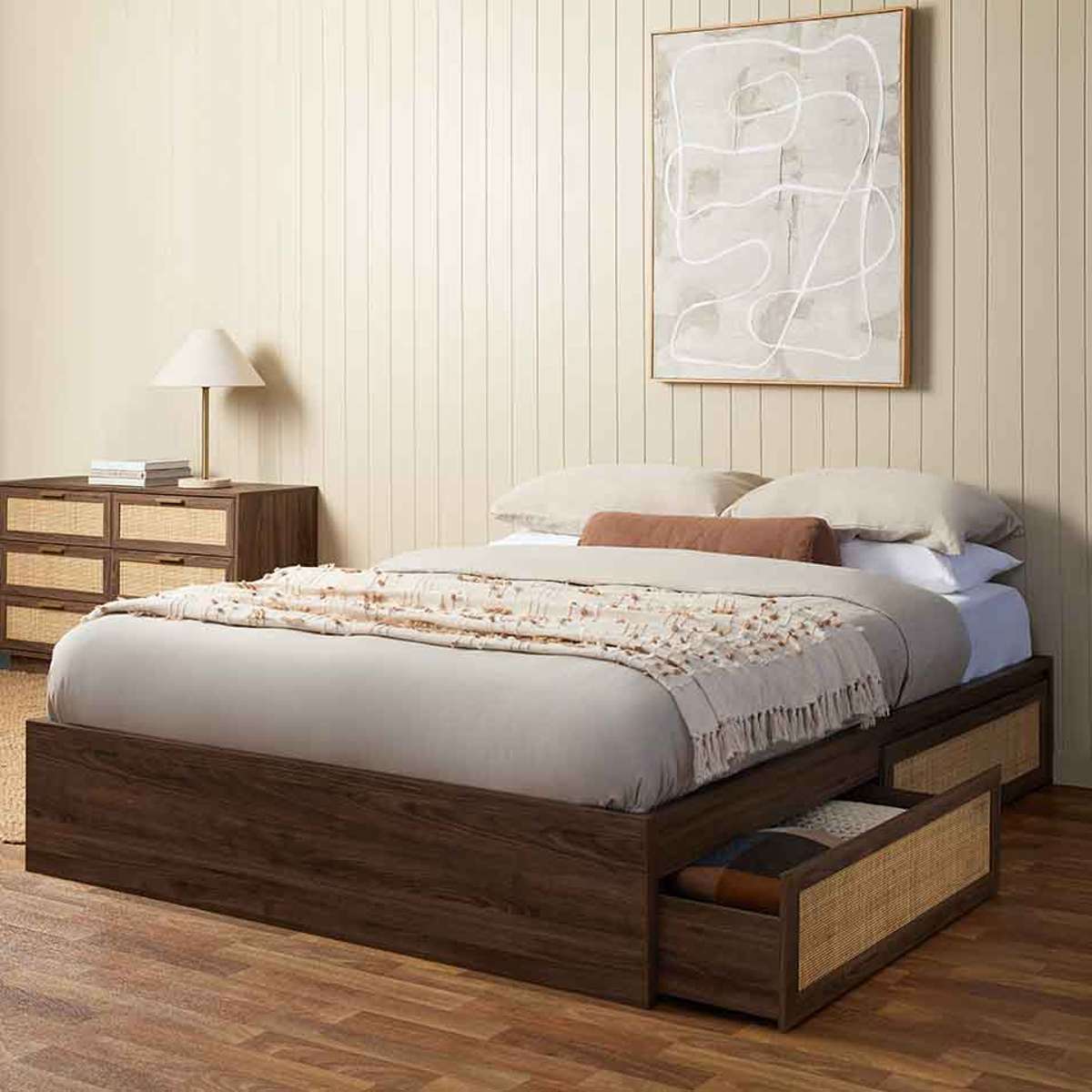 Noosa Rattan Queen Storage Bed Base - Walnut